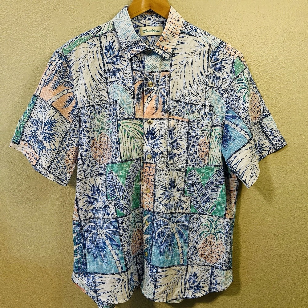 Caribbean Tropical Button Up Short Sleeve Shirt Cotton/Linen Cruise Resort‎ Sz L